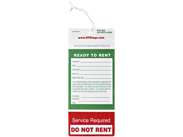 The Economy RTR-200 - 10Pt Card Stock - Weather Resistant - Ready To Rent Equipment Tag - 1000 Per Case - FREE samples - email info@RTRnation. com