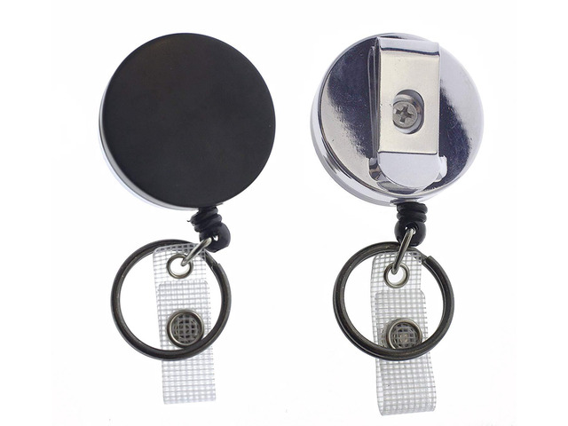25 Pack - Heavy Duty All Metal Casing Retractable Badge & Key Reel with Thick Nylon Cord, Belt Clip, Reinforced ID Strap and Keychain by (Black)
