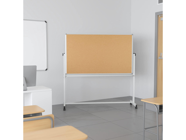 45.25' W x 54.75' H Reversible Mobile Cork Bulletin Board and White Board with Pen Tray