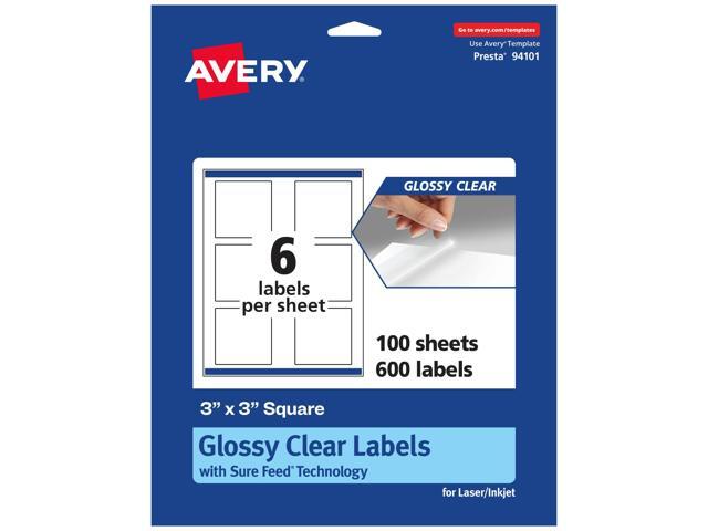 ® Glossy Clear Square Labels, Sure Feed® Technology, 3' x 3', 600 Glossy Clear Labels, Print-To-The-Edge, Laser/Inkjet Printable