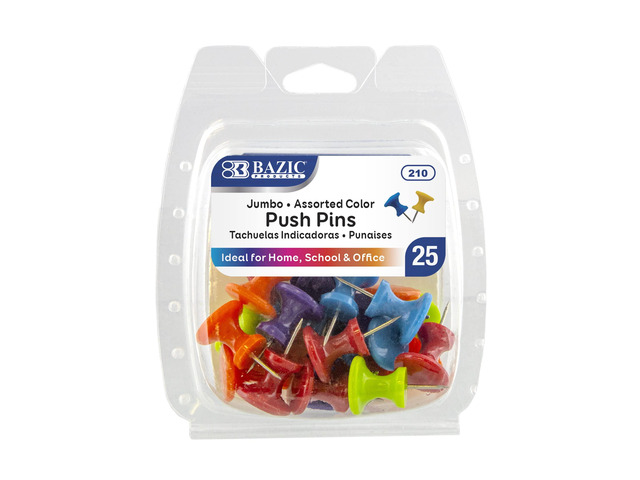 Jumbo Push Pins, Assorted Colors, 25 Ct, 144-Case sharp steel points that hold notes, photos, reminders on cork and bulletin boards