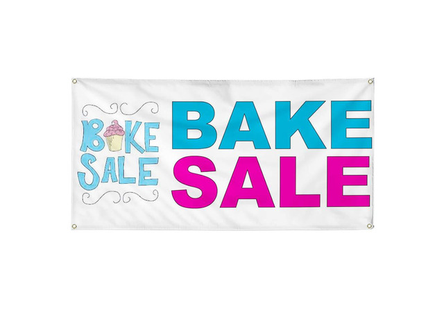 Vinyl Banner Bake Sale Blue Pink Food Bar Restaurant 8 Grommets 48x96Inches Multiple Sizes Food Truck Business Outdoor Weatherproof Industrial...