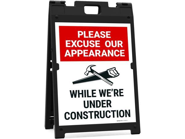 Please Excuse Our Appearance While We're Under Construction Sidewalk Sign Kit, 18x24 Inches, with A Frame Stand, Made in USA by