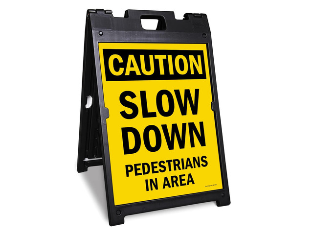 24 x 18 inch Caution - Slow Down, Pedestrians In Area Two-Sided BabyBoss A-Frame Sign Kit, Plastic, Black and Yellow (1 A-Frame + 2 Sign Panels),...