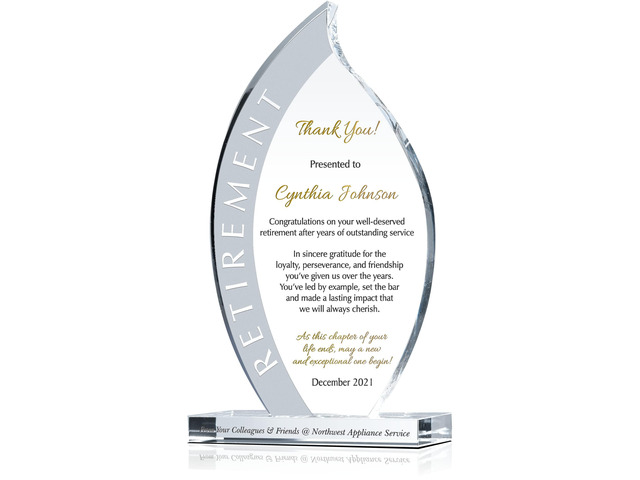 Personalized Crystal Flame Shaped Employee Retirement Award for Man or Woman, Customized with Retiree's Name, Unique Retirement Gift for Co-worker...