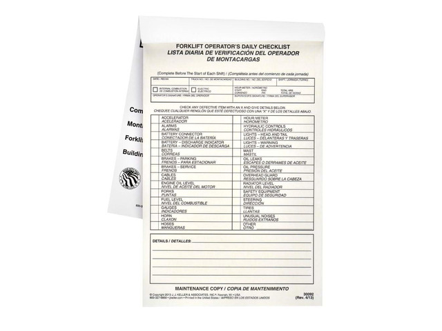 J. J. Keller Forklift Operator Daily Checklist 25-pk. - Bilingual, Book Format with 31 Sets, 2-Ply, Carbonless, 5.5' x 8.5', Safety & Maintenance...
