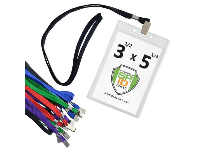 Bulk 100 Pack - Clear Vertical Large Credential ID Badge Holders (3 1/2 x 5 1/4) with Premium Quality Bulldog Clip Lanyards for Special Events by...