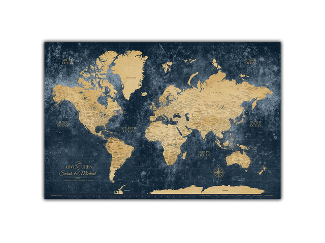 Gold & Navy World Travel Map with Pins, Personalized World Map Pin Board to Track Places Visited, Customized Travel Tracker (48x30, Rolled/Unframed)