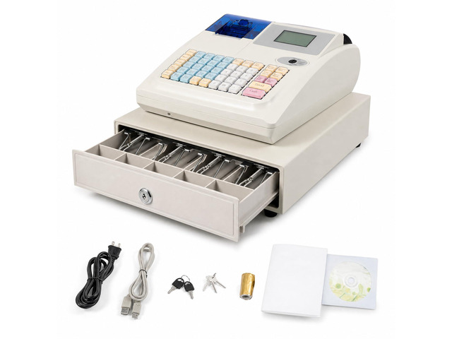 Electronic Cash Register, 48 Keys Commercial Cash Registers Cash Register POS Systems Stainless Steel Registers w/Thermal Print Head & 8 Digital LED...