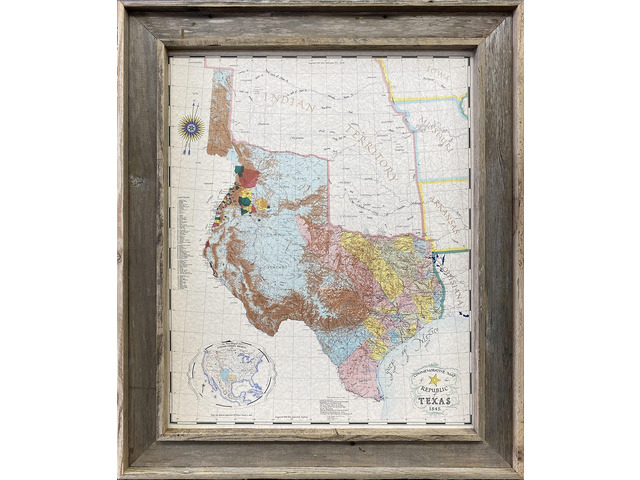 Framed Republic Of Texas Map 1845 In Real Barnwood 40L X 34W' Inches