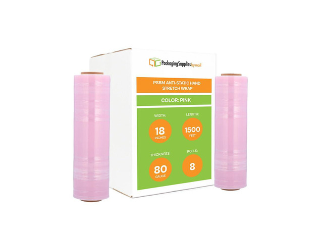 PSBM Anti-Static Stretch Wrap, 8 Pack, 18 Inch x 1500 Feet, 80 Gauge, Pink, Down Gauge Large Plastic Cling Film for Pallets Moving Storing