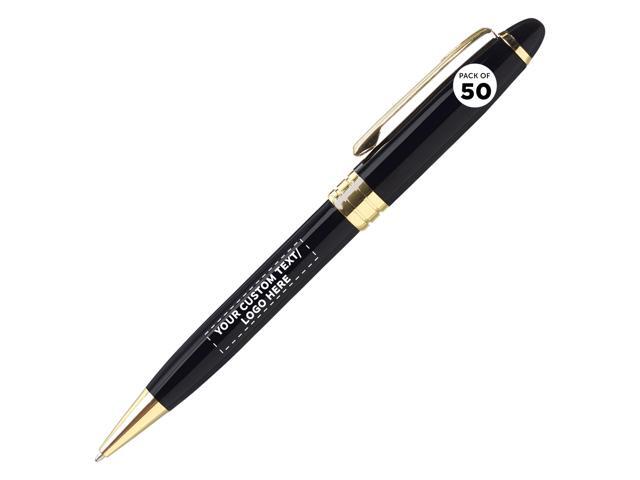 50 Ultra Executive Pens Pack - Customizable Text, Logo - Twist To Write, Gold Accent - Black