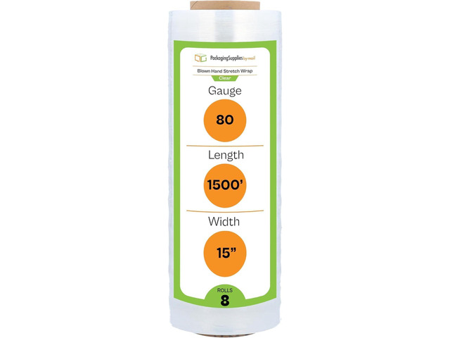 PSBM Blown Stretch Wrap, 8 Rolls 15 Inch x 1500 Feet 80 Gauge Heavy Duty Clear Plastic Wrap Industrial Strength Shrink Film for Moving, Packing &...