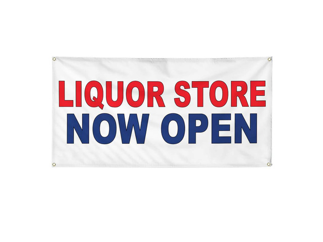 Vinyl Banner Multiple Sizes Liquor Store Now Open Red Blue Business Outdoor Weatherproof Industrial Yard Signs 10 Grommets 60x144Inches