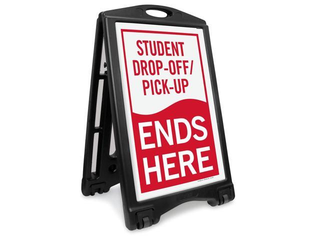 Student Drop-Off and Pick-Up Ends Here Foldable Black A-Frame Sidewalk Sign Kit, 36' x 24', Built-In-Wheels, Double-Sided Portable Plastic Sandwich.