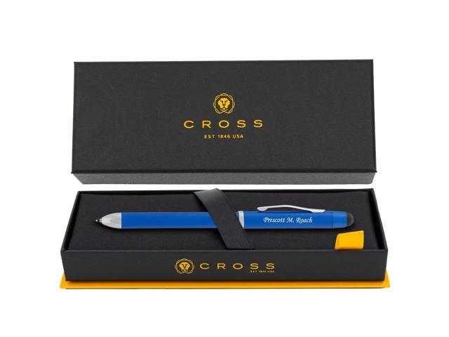 Cross Tech3+ Engraved Multifunction Pen, Metallic Blue, Black and Red Ballpoint plus Pencil, Stylus and Eraser, Silver Engraving Under Clip, Gift.