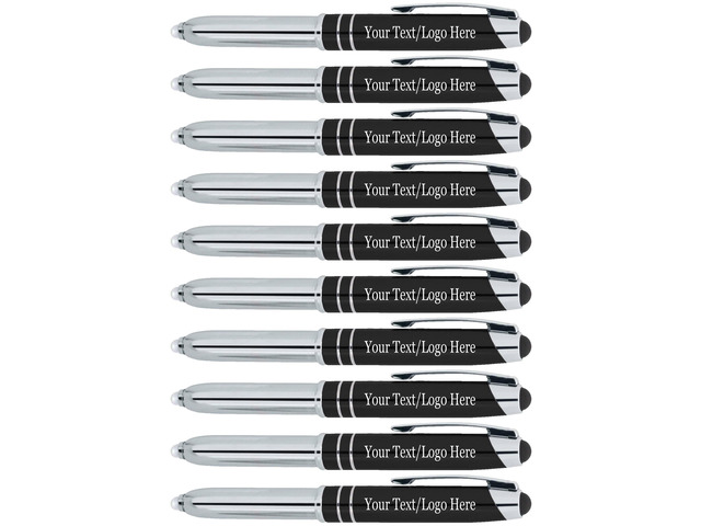 Personalized Pens with Your Custom Text or Logo- Bulk 50 Pack- for Marketing, Parties, and Events, 3 in 1 LED Flashlight + Ballpoint Pen + Stylus...