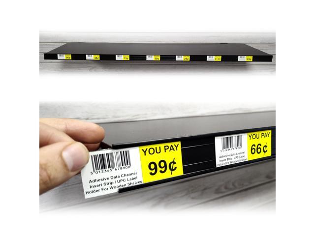 Adhesive Data Channels, 48' L x 1.25' H Stick on C Channels & UPC Label Holder For Wood, Metal & Plastic Shelves, Black, 50 Pack