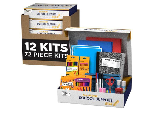 72 Piece Back to School Supplies Kit 12 Pack Bulk K-5 Kids School Supply Kit