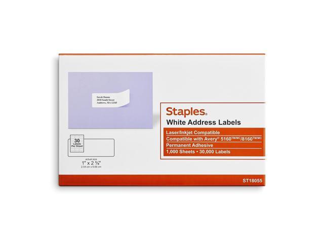 Address Labels, 1' x 25/8', White, Laser/Inkjet Compatible, EasyPeel, Permanent Adhesive, 30 Labels/Sheet, Bulk 60,000/Carton