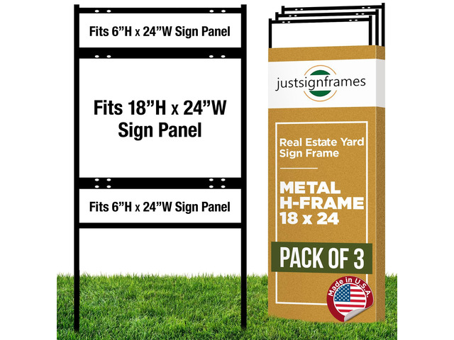 Generic Real Estate Yard Sign Metal H-Frame, 18 x 24 Slide-in with (2) Riders, Black (Pack of 3), (C290)