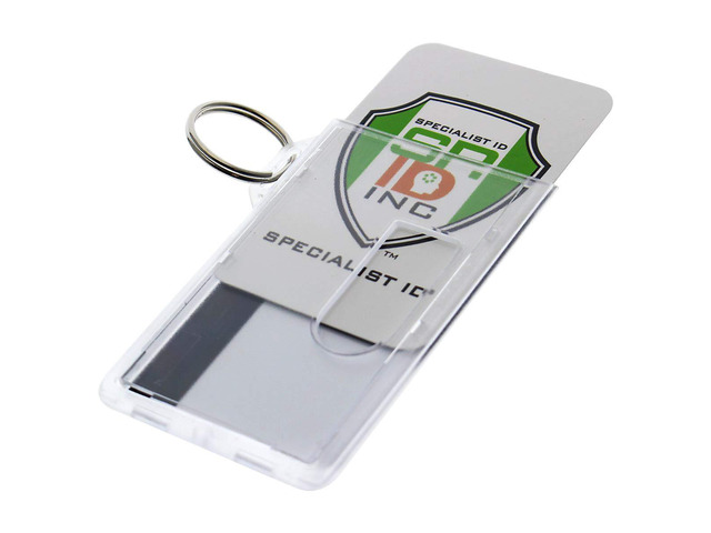 Bulk 50 Pack Heavy Duty Fuel ID Badge Holders - Holds Two Cards - Clear Rigid Plastic ID Holder Keychain - Attach Keys & Protect License & Credit Card
