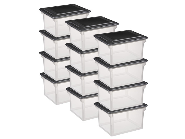 File Box, Stackable Storage Bin with Lid, Organize Receipts, Bills, Taxes and Papers in the Home, Office, Clear Base with Black Lid, 12-Pack