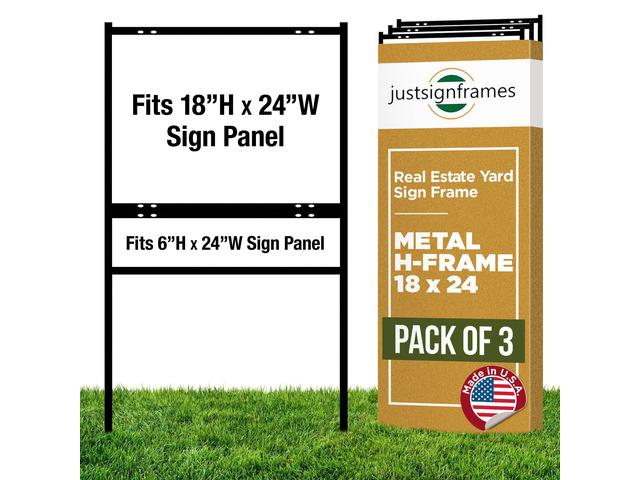 Generic Real Estate Yard Sign Metal H-Frame, 18 x 24 Slide-in with Rider, Black (Pack of 3) (C289)