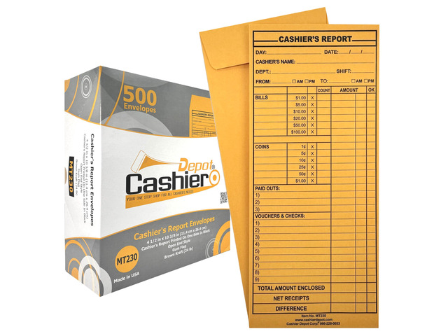 2500 Cashier Depot - Cashier's Report Envelope MT230, 4 1/2' x 10 3/8', Sturdy 24lb. Brown Kraft, Gum Flap, 2500 Count