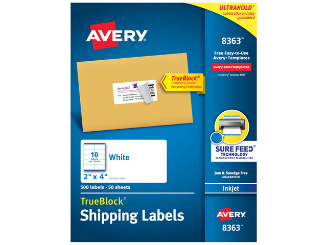 Shipping Labels, Sure Feed Technology, 2' x 4', White, Inkjet Printable, Permanent Adhesive, 500 Blank Mailing Labels per Pack, 2500 (5 Packs of 8363)