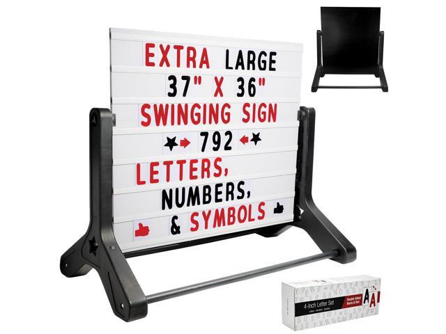 Swinging Changable Message Sidewalk Sign: 37' x 36' Sign with 792 Pre-Cut Double Sided Letters and Storage Box. Includes Black Sign Board & 4.