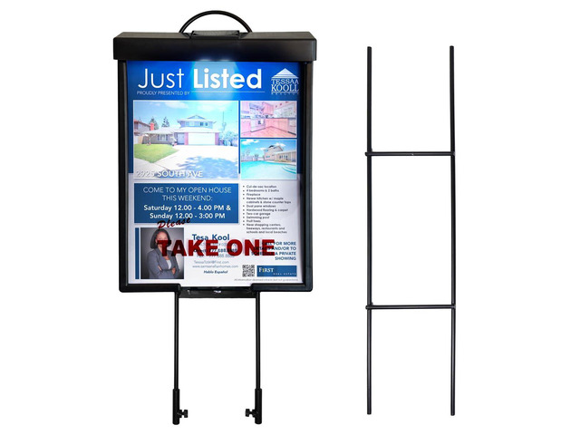 Outdoor Real Estate Brochure Box with Solar LED Lid, Snap-Shut Take One Holder, Portable Two-Piece Metal Yard Stake Legs, 39'(Black with Solar Lid,...