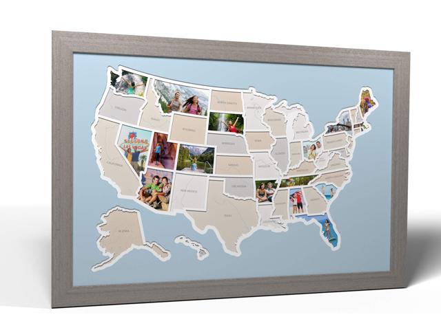 50 States USA Photo Map - Frame Optional - Made in America (Caribbean, Grey Frame)