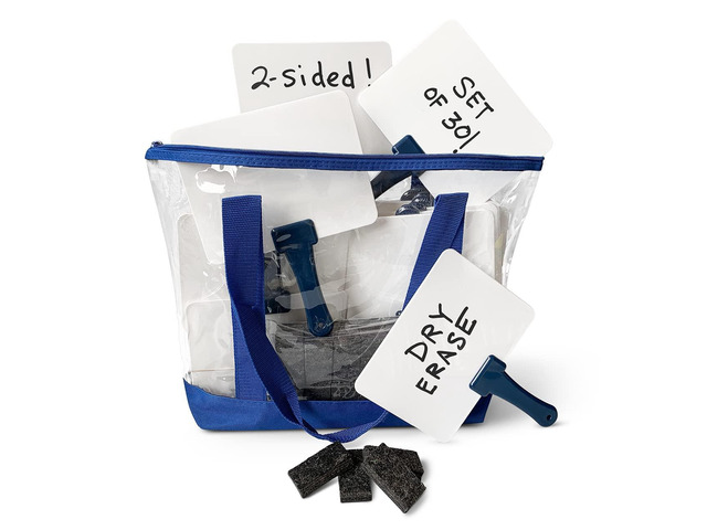 Deluxe Whiteboards Combo Set: 30 Two-Sided Dry-Erase Answer Boards with Tote Bag & Mini Erasers Sturdy, Easy-to-Hold & Clean, Blue Handles (6' x...