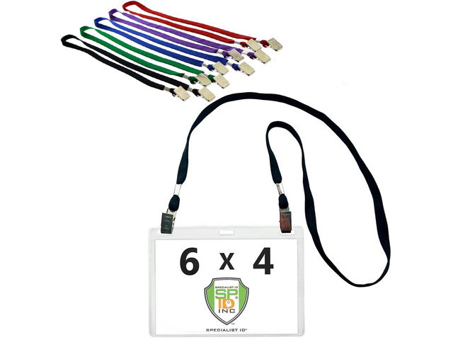Bulk 100 Pack - 6x4 Badge Holder Horizontal Name Tag Holder & Lanyard with 2 Clips - Extra Large Clear Vinyl Plastic Horizontal 4x6 Badge Holder...