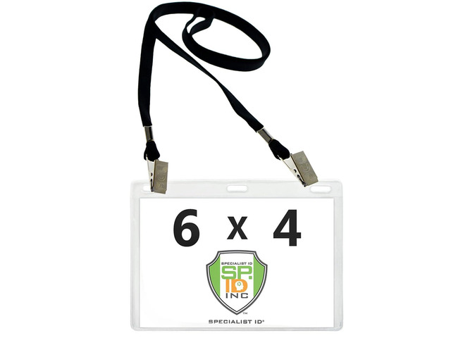 Bulk 100 Pack - 6x4 Badge Holder Horizontal Name Tag Holder & Lanyard with 2 Clips - Extra Large Clear Vinyl Plastic Horizontal 4x6 Badge Holder...