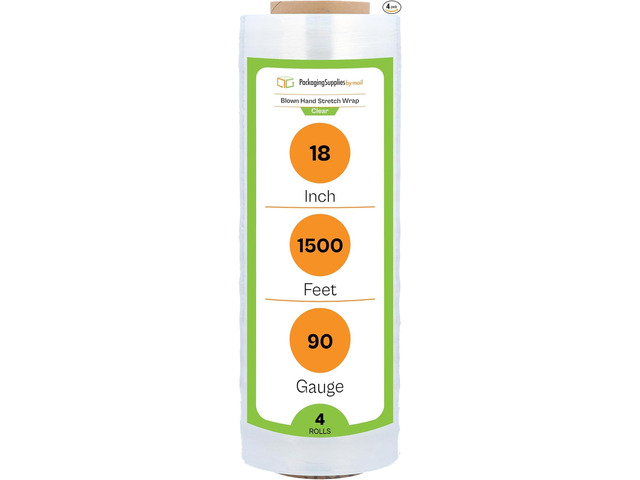 PSBM Blown Hand Stretch Wrap/Shrink Film 18' x 1500 feet 90 Gauge 4 Rolls Clear Blown Stretch Wrap Heavy Duty Plastic Industrial Strength Film...