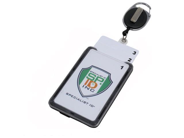 Bulk 25 Pack - Hard Plastic 3 Card Badge Holder with Badge Reel - Retractable ID Lanyard with Belt Clip & Carabiner - Rigid Vertical CAC Holder -.