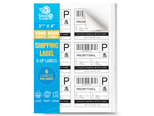 6-Up White Permanent Self Adhesive Shipping Labels 3 1/3 x 4 Easy Peel Stickers for Laser & Inkjet Printers - 1,000 Sheets - 6,000 Count Labels