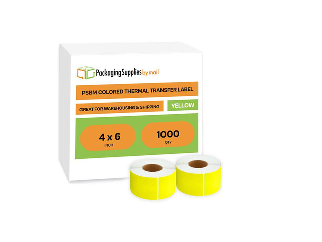 PSBM 4 Rolls 4 x 6 Inch Yellow Thermal Transfer Label Stickers, 3 Inch Core, 1000 Labels/Roll, Self-Adhesive Shipping/Address Barcode Label,...