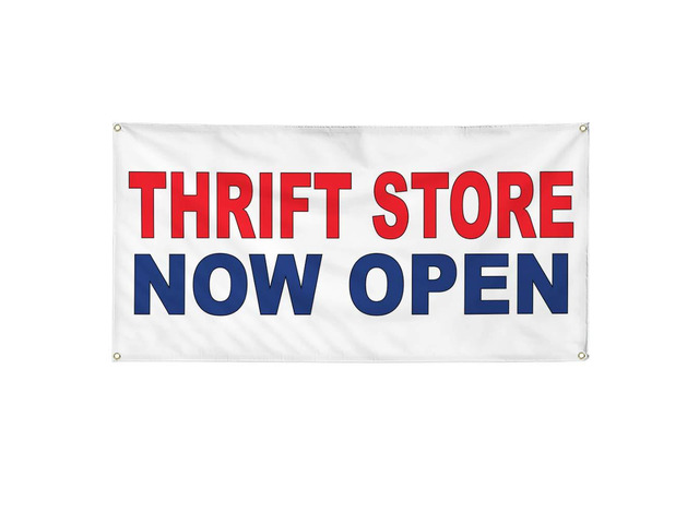 Vinyl Banner Multiple Sizes Thrift Store Now Open Red Blue Business Outdoor Weatherproof Industrial Yard Signs 10 Grommets 60x144Inches