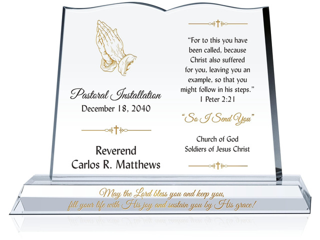 Custom Bible-Shaped Pastor Installation Plaque Personalized Crystal Welcome Gift for New Minister or Church Leader (M - 10')