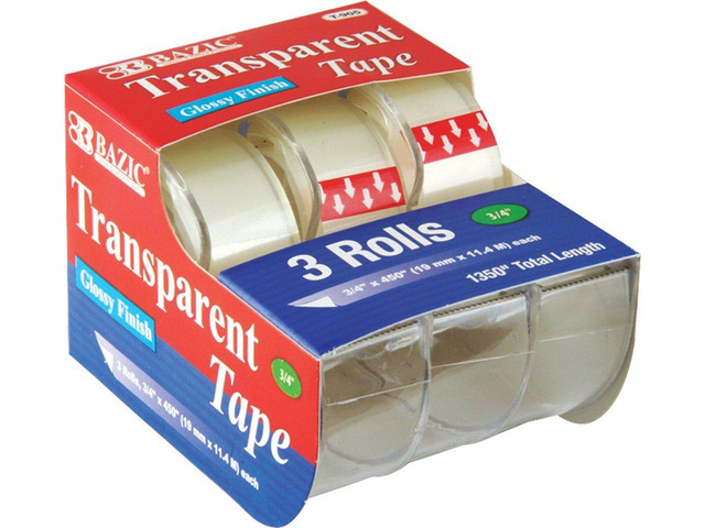 Bazic Transparent Tape, 0.75 x 500 Inches, 3 per Pack (Case of 144) (905-144) rolls of 3/4 in x 500 in glossy transparent tape, each in its own...