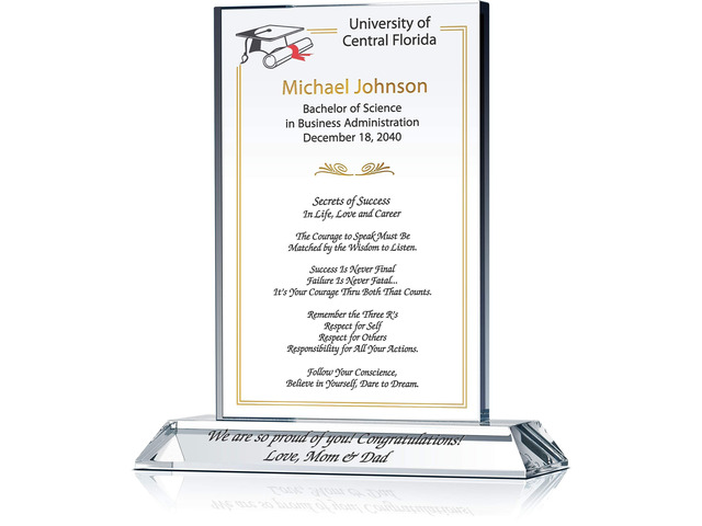 Personalized Crystal College Graduation Gift Plaque for Him or for Her, Customized with Graduate's Name, Graduation Date, Inspirational Quote,...