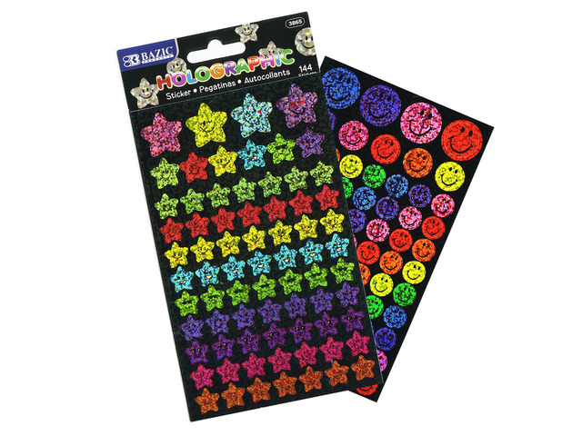 Holographic Reward Stickers, 144 Ct, 288-Case stars and smiley faces, Self-adhesive for charts, crafts, notes