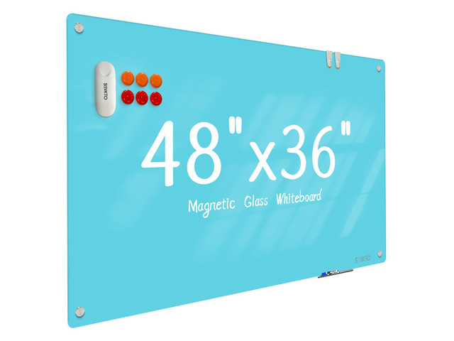 Glass Whiteboard - Glass Dry Erase Board 48' x 36' Magnetic White Board Writing Board White Boards for Walls Wall Office Home, Blue