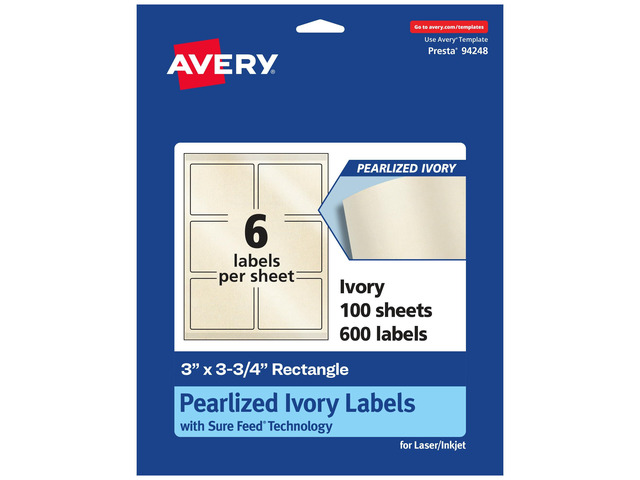 Pearlized Ivory Rectangle Labels, Sure Feed Technology, Print-to-The-Edge, 3' x 3.75', 600 Pearlized Ivory Labels, Laser/Inkjet Printable
