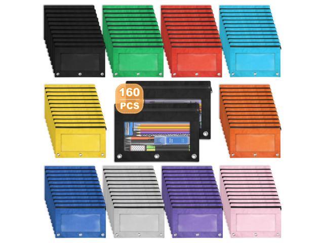Pencil Pouch for 3 Ring Binder, 160 Pack Pencil Pouches Bulk in 10 Colors, Binder Pencils Pouch with Smooth Zipper, Zipper Pencils' Pouches, Clear.