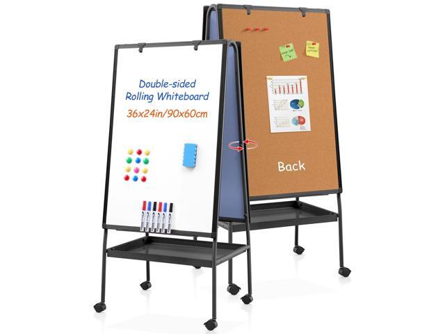 Rolling Whiteboard 36 x 24 in, Dry Erase Board on Wheel, Cork Board Cork Pin Board, Storage Tray, Double Sided, Height Adjustable, 3'x2',...