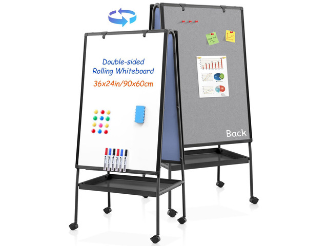 Rolling Whiteboard 36 x 24 in, Mobile Whiteboard with Grey Felt Felt Board, Storage Tray, Double Sided, Magnetic, Adjustable Height, 3'x2', Dry...